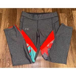 Under Armour Womens HeatGear Compression Leggings Gray Orange Teal 1305968 MD